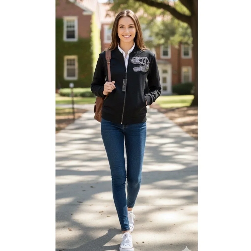 New Arieta Bomber Women Black Beaded Dinosaur Skull Athleisure Sz M Grunge NWT - Picture 10 of 17